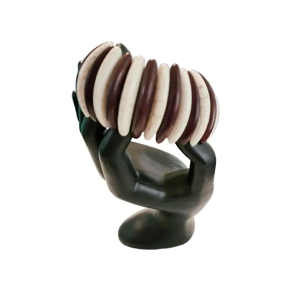 Vintage Chunky Marbled Creme and Brown Stone Stretch Bracelet